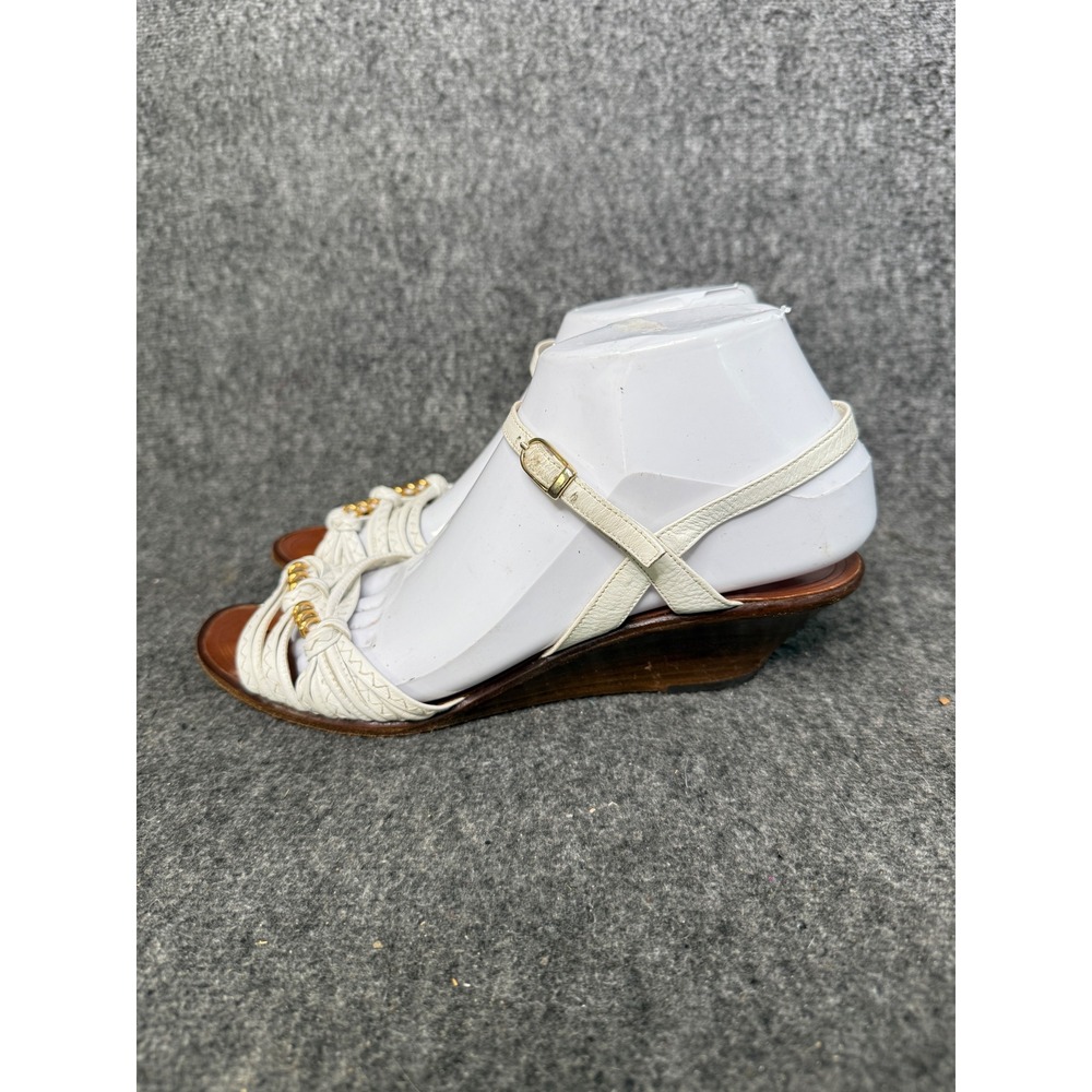 Sesto Meucci White Leather Braided Gold Chain Wedge Ankle Strap Wood Heel 8.5 AA
